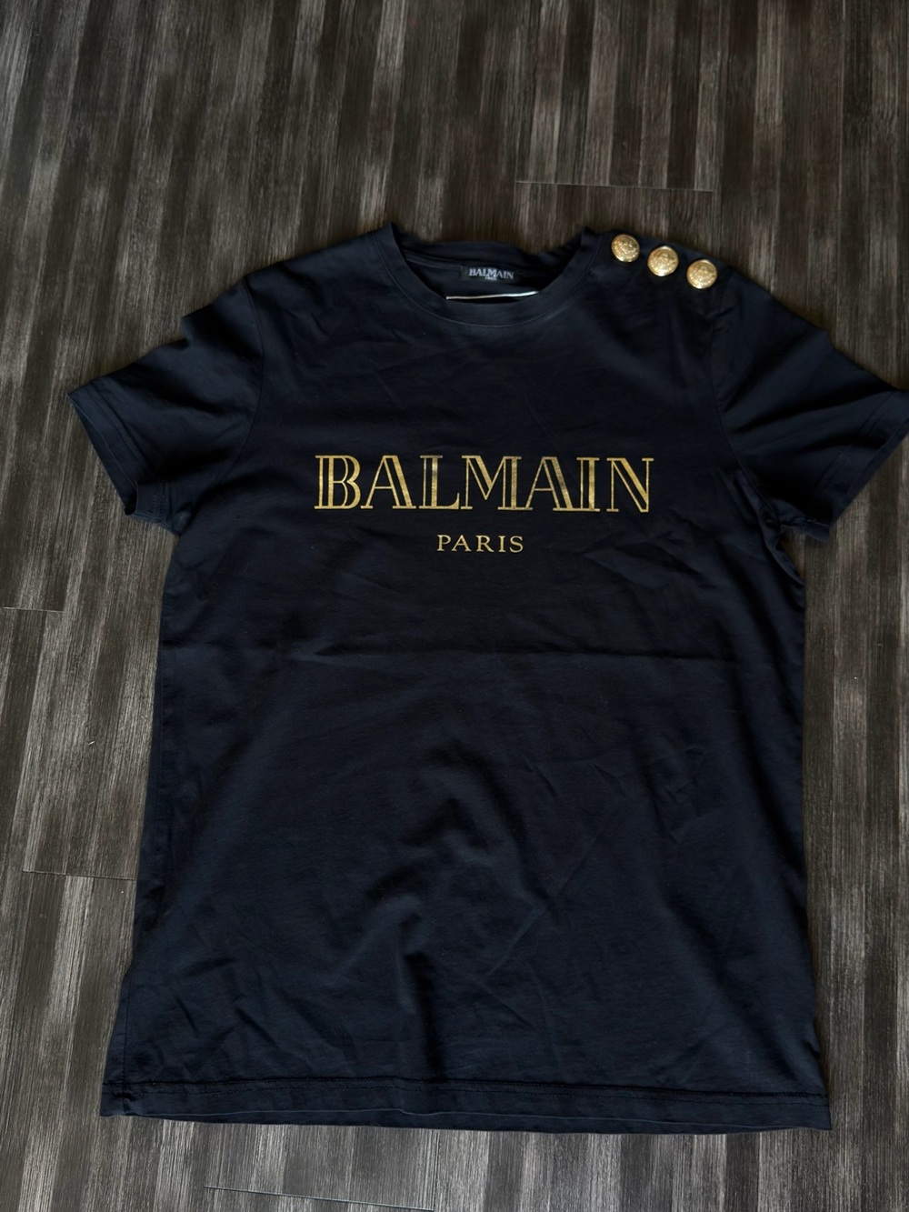 Balmain Paris Women's Black Logo Tee with Gold Buttons size small